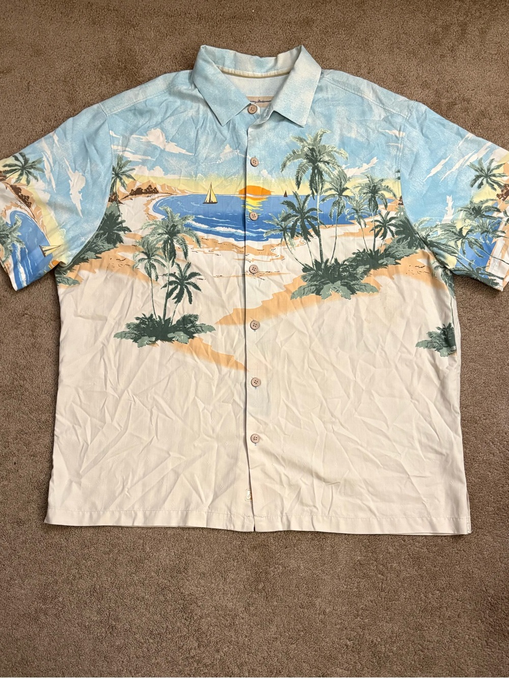 Tommy Bahama Mens 1XB Silk Hawaiian Palm Trees Island Sunset Button Up Shirt